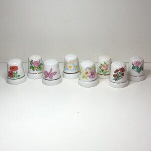 9 Vintage Thimbles Porcelain Ceramic Flowers Floral Design Collection (2) SDJ